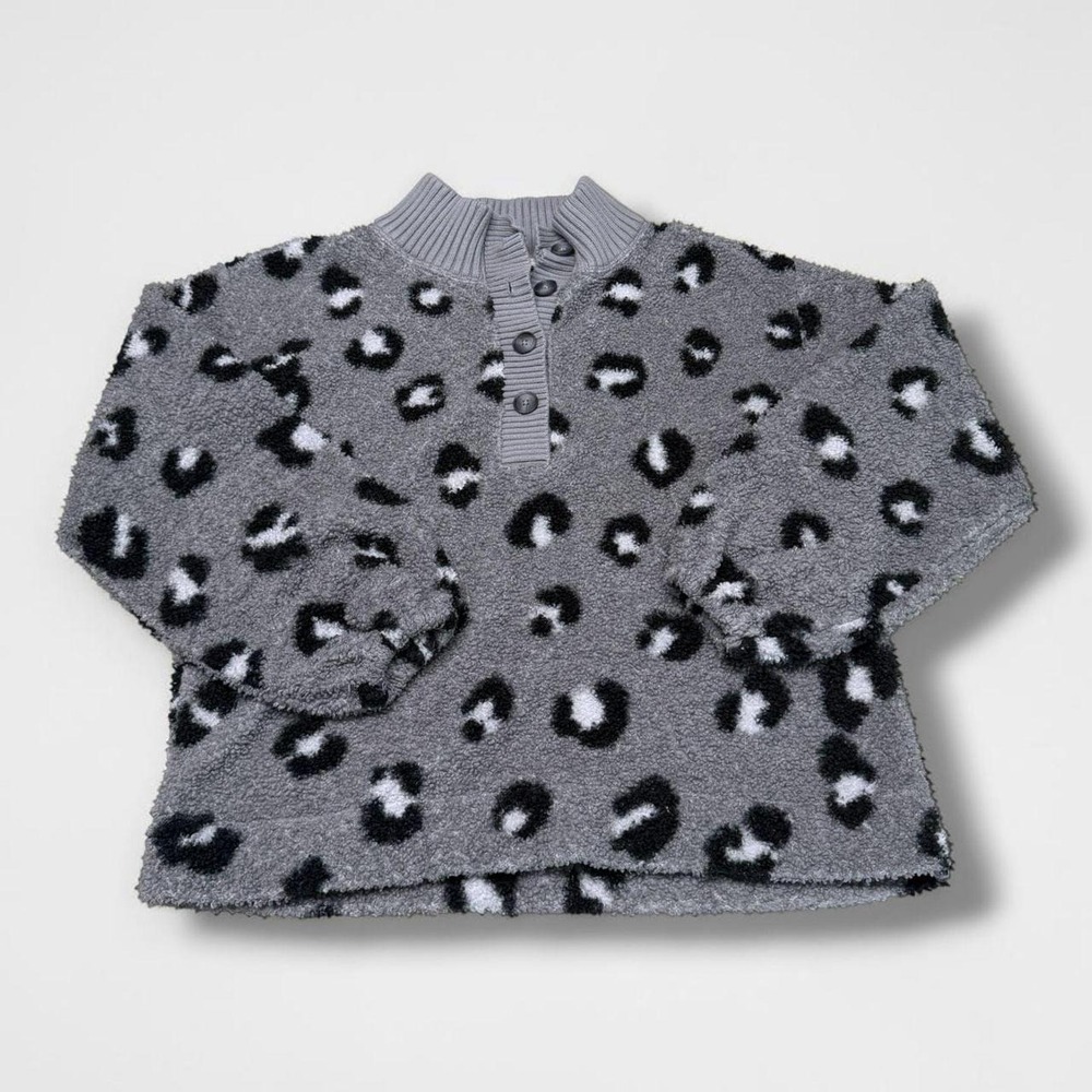 LOFT‎ Grey Leopard Print Sherpa Fleece Mock Neck Pullover